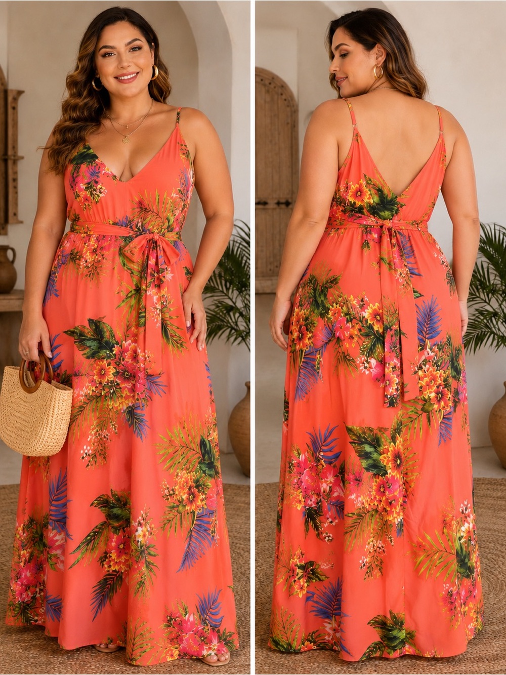 She + Sky Coral Floral Maxi Dress with Tie Waist